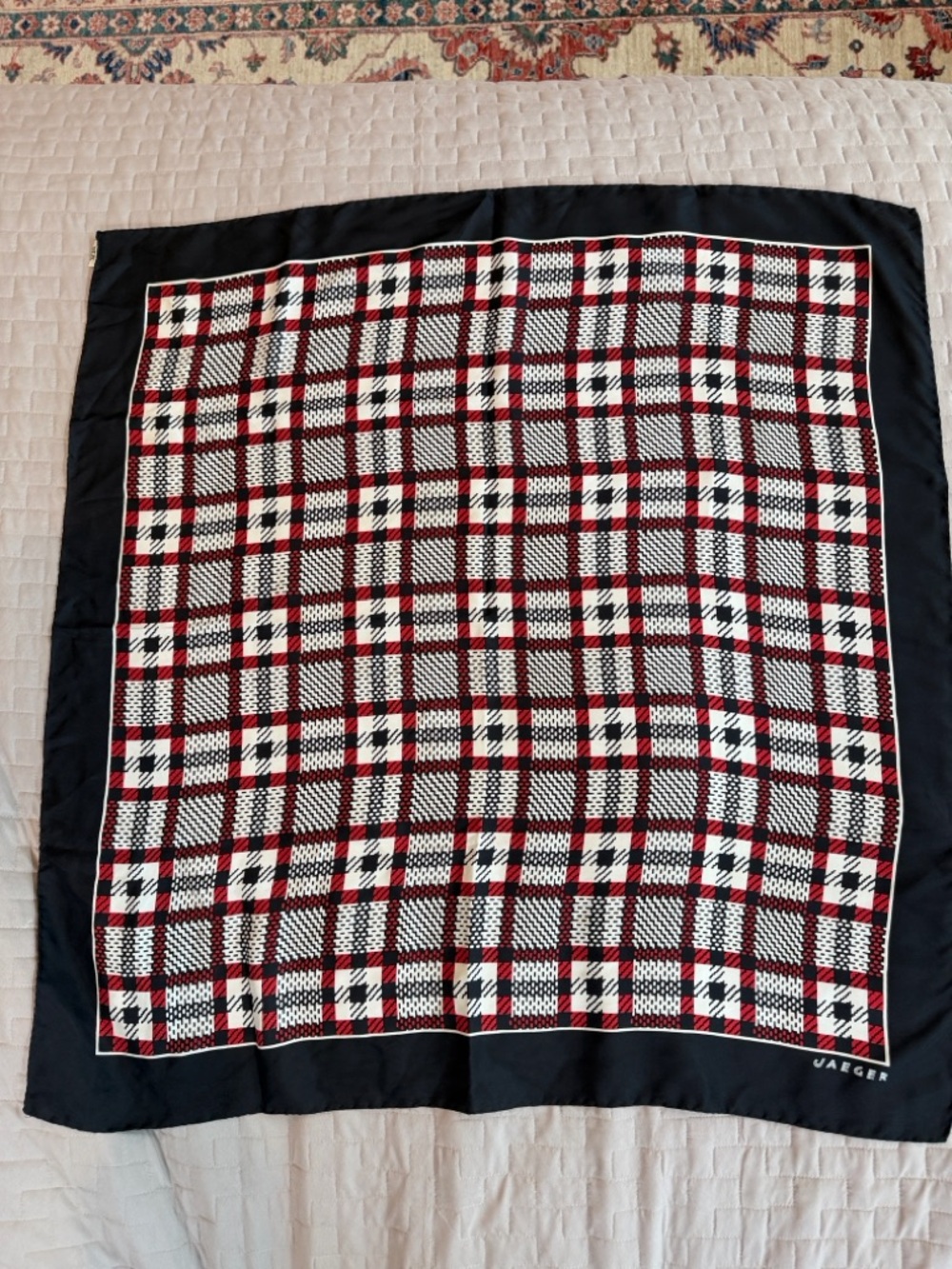 Jaeger Black, White & Red Geometric Plaid Silk Scarf